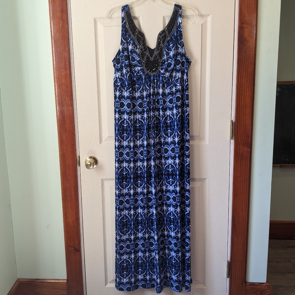 Blue and white maxi dress w/beaded v-neck